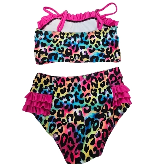 NWOT Unbranded Rainbow Leopard Print Ruffle Bikini Size 6 Girls A46 - Picture 2 of 5